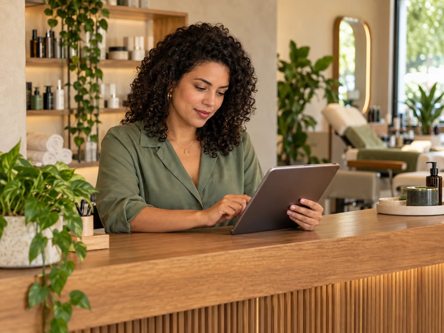 Profissional consulta um tablet para organizar os atendimentos na recepção de um estúdio.