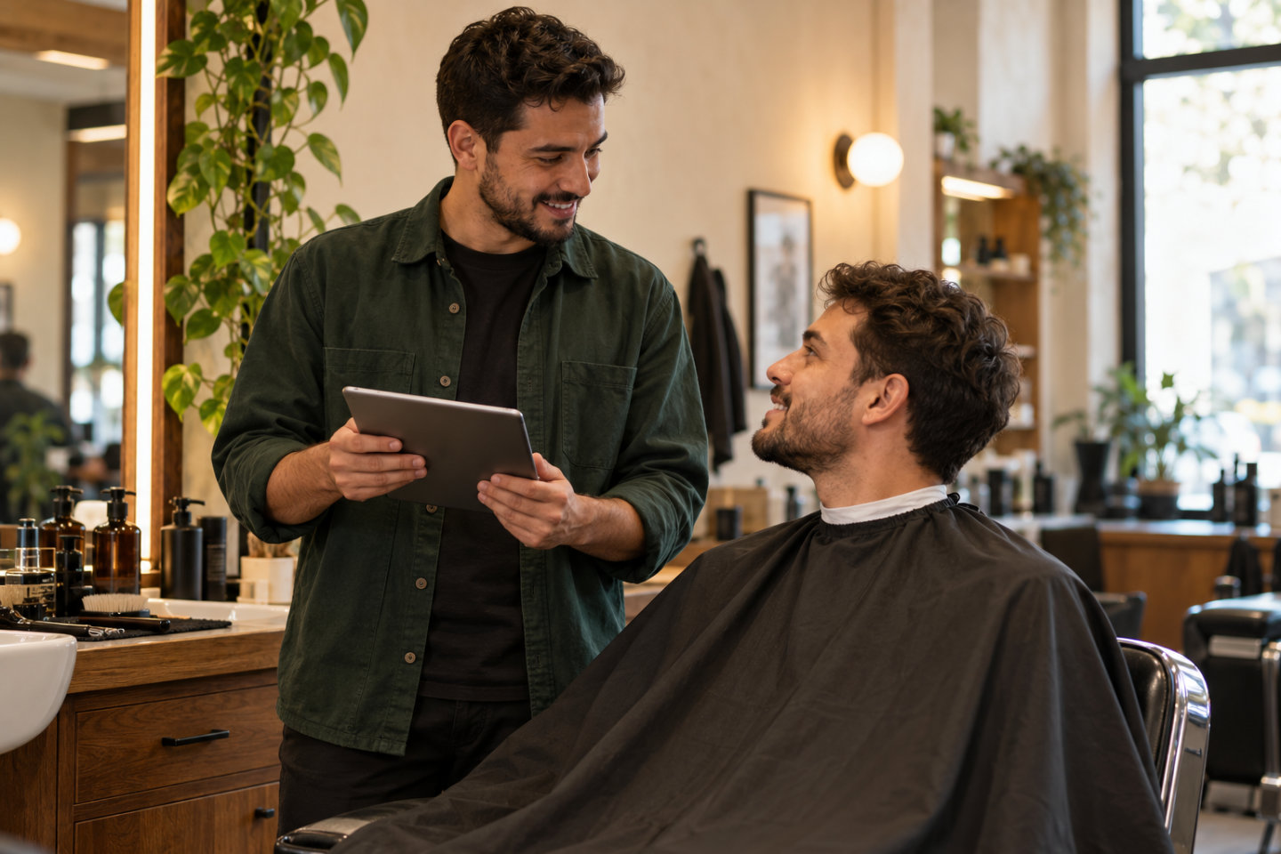 Barbeiro consulta o tablet junto ao cliente antes do atendimento.